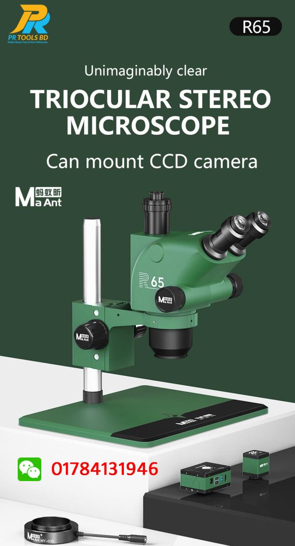 MaAnt R65 Sky Eye 6.5-65X Synchronous Zoom Trinocular Stereo Microscope with Aluminum Alloy Base - Image 2